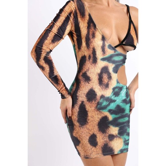 Women's Sexy Dress Leopard Printed One Sleeve Cutout Mini Dress Clubwear - Picture 13 of 16